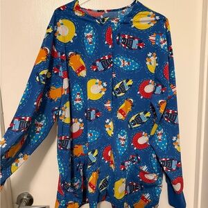 Blue Cartoon Floaties Print Button-Up Scrub Jacket